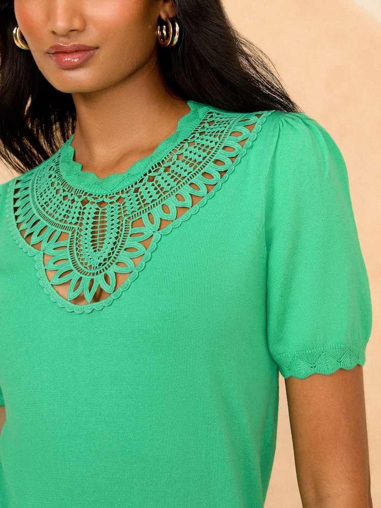 Love & Roses Green Scallop Short Sleeve Crochet Knit Top - Image 2 of 4