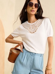Love & Roses Ivory White Scallop Short Sleeve Crochet Knit Top - Image 1 of 4
