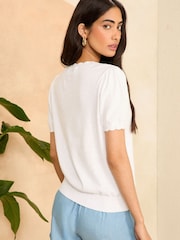 Love & Roses Ivory White Scallop Short Sleeve Crochet Knit Top - Image 3 of 4