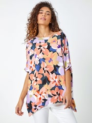 Roman Orange Floral Print Button Back Top - Image 1 of 5