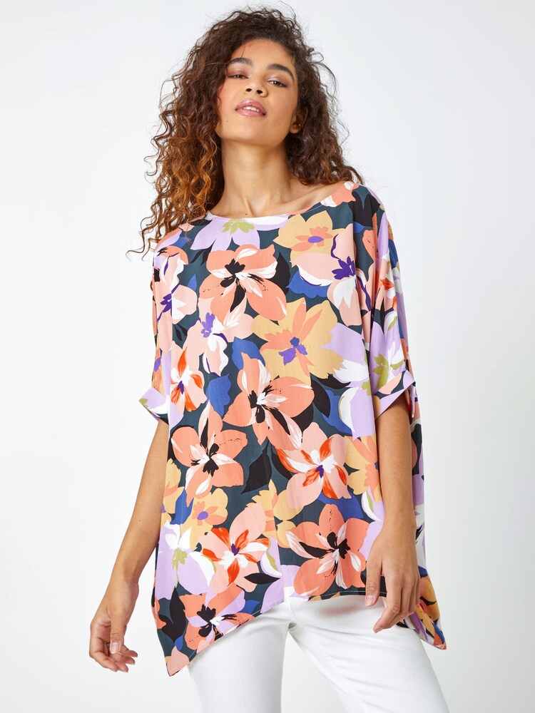 Roman Orange Floral Print Button Back Top - Image 1 of 5
