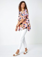 Roman Orange Floral Print Button Back Top - Image 3 of 5