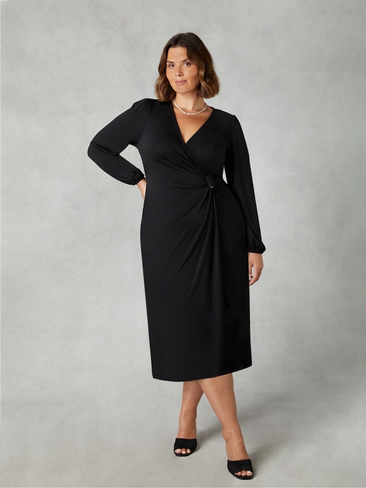 Live Unlimited Black Curve Jersey Buckle Trim Wrap Midi Dress - Image 1 of 4