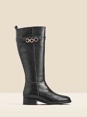 Sosandar Black Leather Flat Knee High Boots With Metal Trim - Image 1 of 5