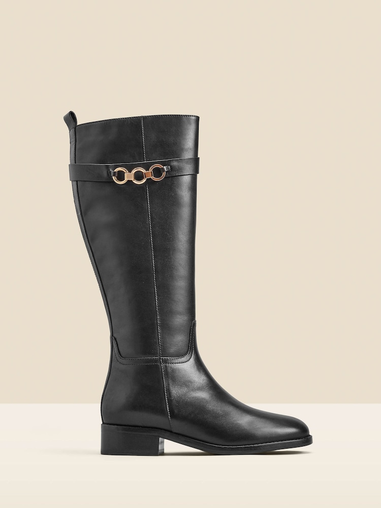 Sosandar Black Leather Flat Knee High Boots With Metal Trim - Image 1 of 5