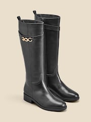 Sosandar Black Leather Flat Knee High Boots With Metal Trim - Image 4 of 5