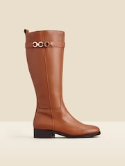 Sosandar Brown Leather Flat Knee High Boots With Metal Trim - Image 1 of 3