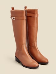Sosandar Brown Leather Flat Knee High Boots With Metal Trim - Image 2 of 3