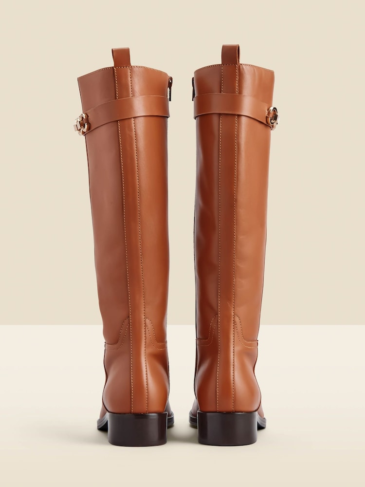 Sosandar Brown Leather Flat Knee High Boots With Metal Trim - Image 3 of 3