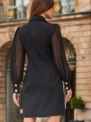 Sosandar Black Sheer Sleeve Gold Button Blazer Dress - Image 2 of 5