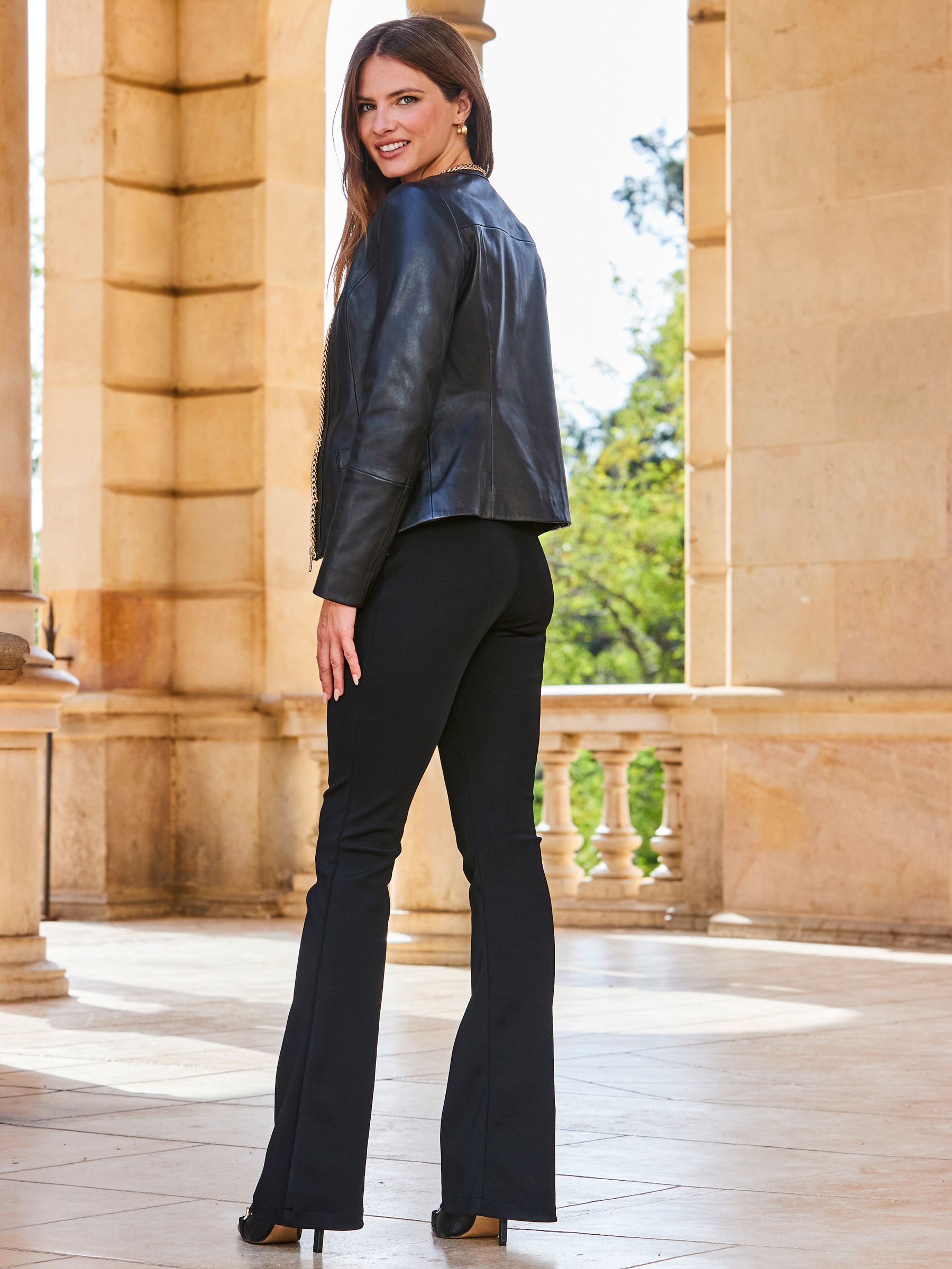 Sosandar Black Round Neck Leather Jacket With Gold Chain Detail