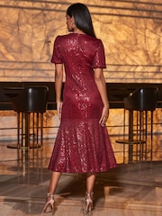 Sosandar Red Sequin Fit and Flare Puff Sleeve Midi Dress - Image 2 of 5