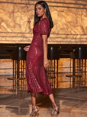 Sosandar Red Sequin Fit and Flare Puff Sleeve Midi Dress - Image 3 of 5