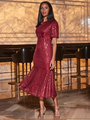 Sosandar Red Sequin Fit and Flare Puff Sleeve Midi Dress - Image 4 of 5