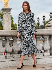 Sosandar Black Animal Print Ruffle Hem Midi Dress - Image 4 of 5