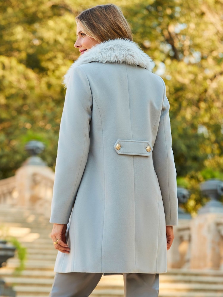 Sosandar Grey Faux Fur Collar Button Front Coat - Image 2 of 5 Sosandar Grey Faux Fur Collar Button Front Coat - Image 2 of 5