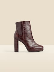 Sosandar Brown Croc Effect Leather Block Heel Platform Ankle Boots - Image 1 of 4