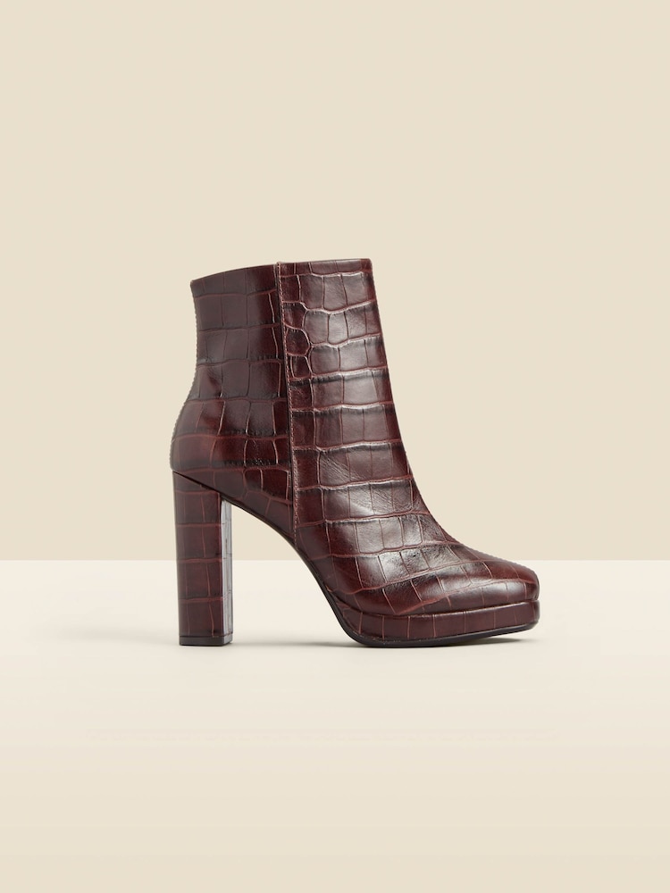 Sosandar Brown Croc Effect Leather Block Heel Platform Ankle Boots - Image 1 of 4