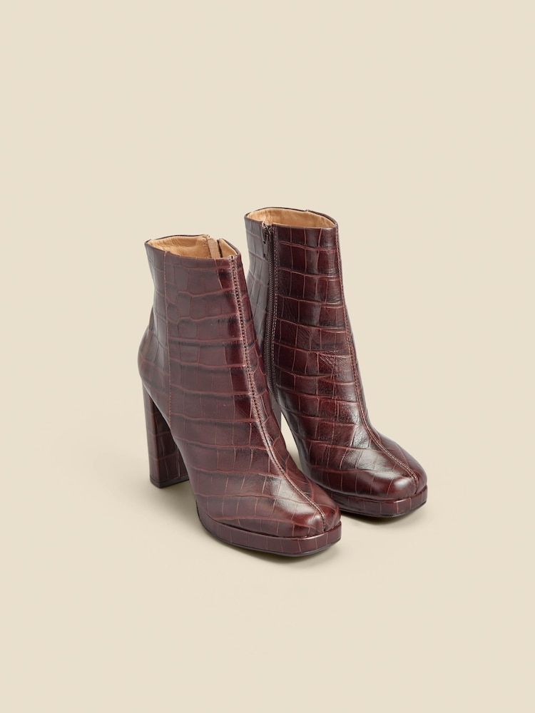 Sosandar Brown Croc Effect Leather Block Heel Platform Ankle Boots - Image 2 of 4