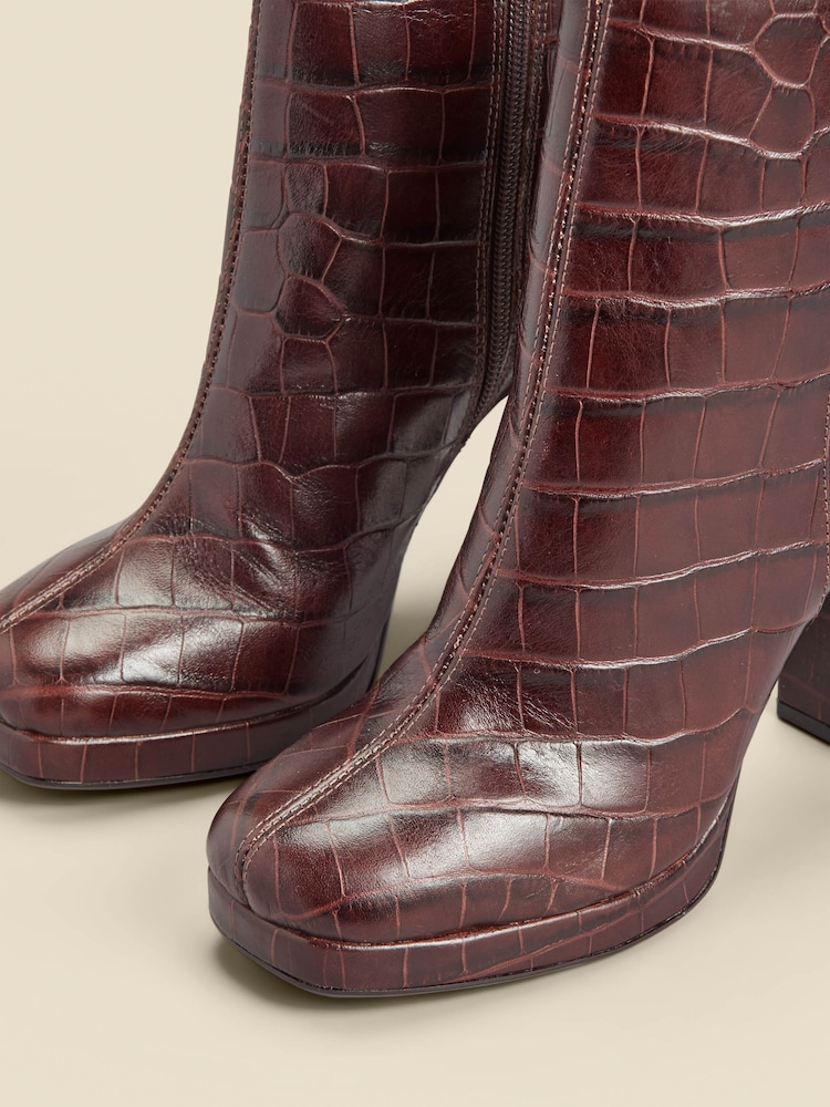 Sosandar Brown Croc Effect Leather Block Heel Platform Ankle Boots - Image 4 of 4