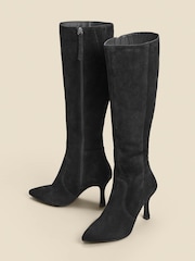 Sosandar Black Suede Flared Heels Knee High Boots - Image 4 of 5