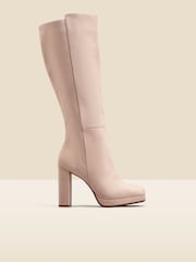 Sosandar Cream Nubuck Leather Platform Block Heel Knee High Boots - Image 1 of 3