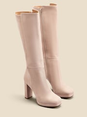 Sosandar Cream Nubuck Leather Platform Block Heel Knee High Boots - Image 2 of 3
