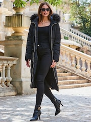 Sosandar Black Longline Padded Coat With Faux Fur Hoodie - Image 1 of 5