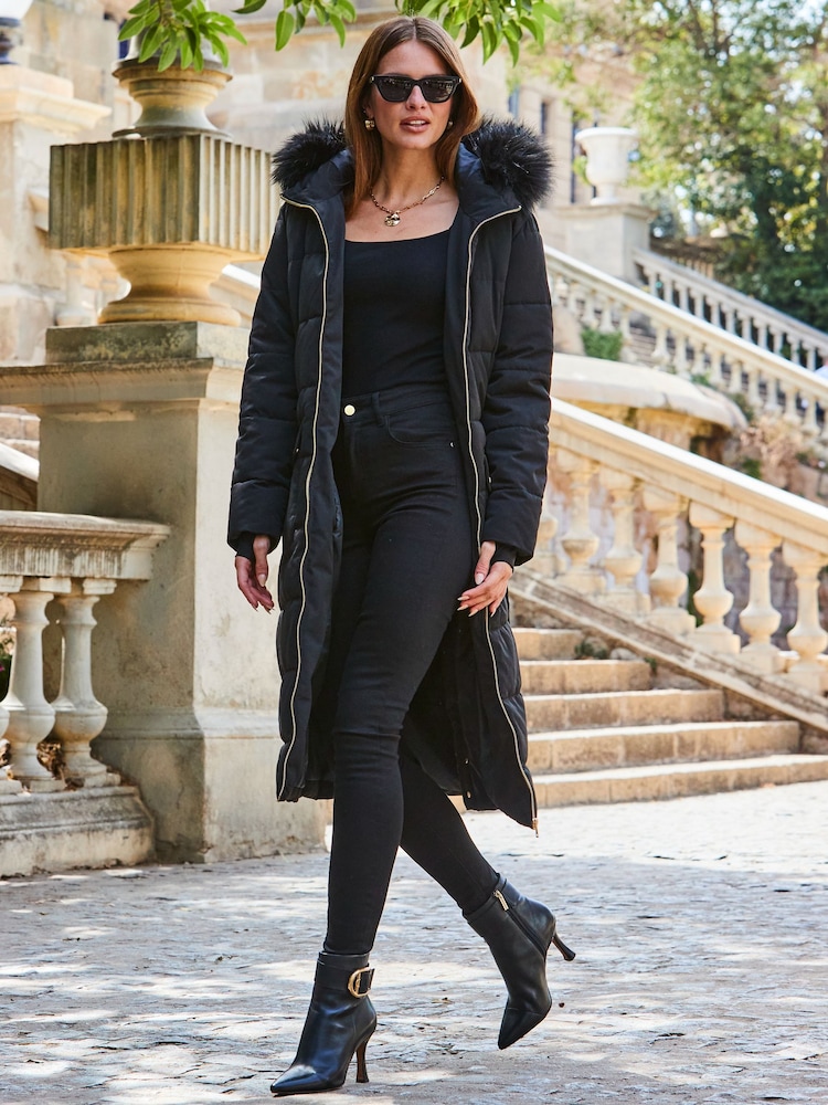 Sosandar Black Longline Padded Coat With Faux Fur Hoodie - Image 1 of 5
