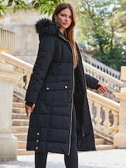 Sosandar Black Longline Padded Coat With Faux Fur Hoodie - Image 3 of 5