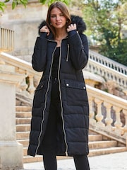 Sosandar Black Longline Padded Coat With Faux Fur Hoodie - Image 5 of 5