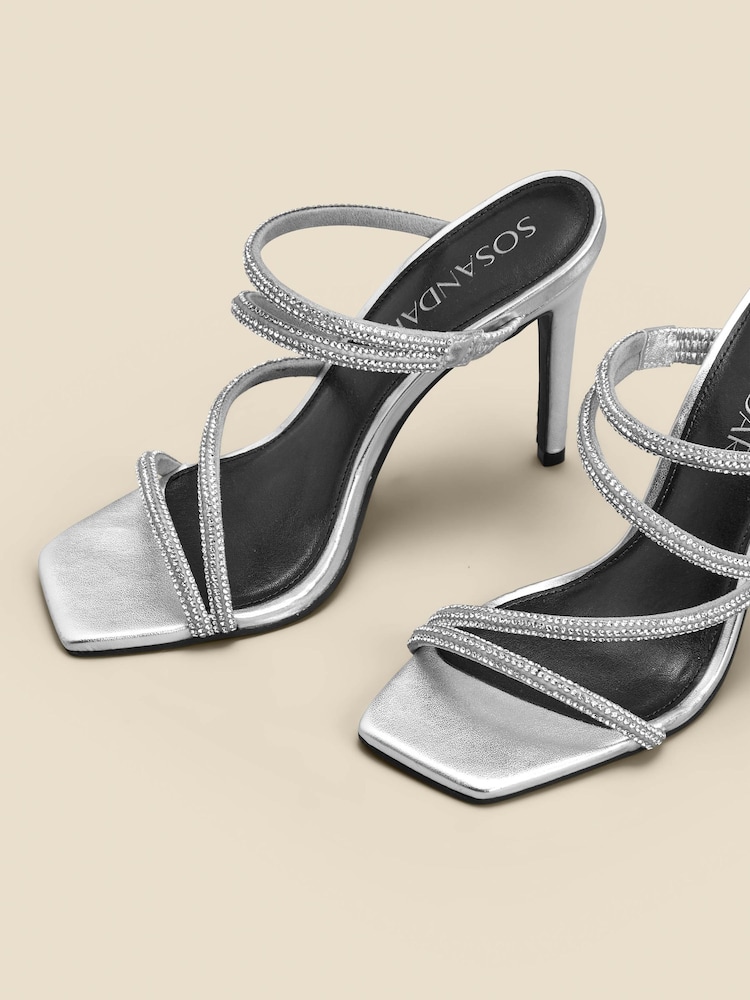 Sosandar Silver Diamante Leather Multi Strap Square Toe Sandals - Image 5 of 5