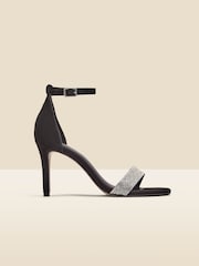 Sosandar Black Suede Diamante Strap Barely There High Heel Sandals - Image 4 of 5