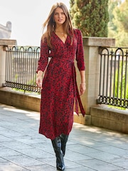 Sosandar Red Leopard Print Ruched Sleeve Midi Wrap Dress - Image 1 of 6