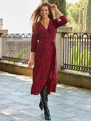 Sosandar Red Leopard Print Ruched Sleeve Midi Wrap Dress - Image 4 of 6