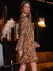 Sosandar Brown Leopard Print Chain Detail Shift Dress - Image 3 of 5