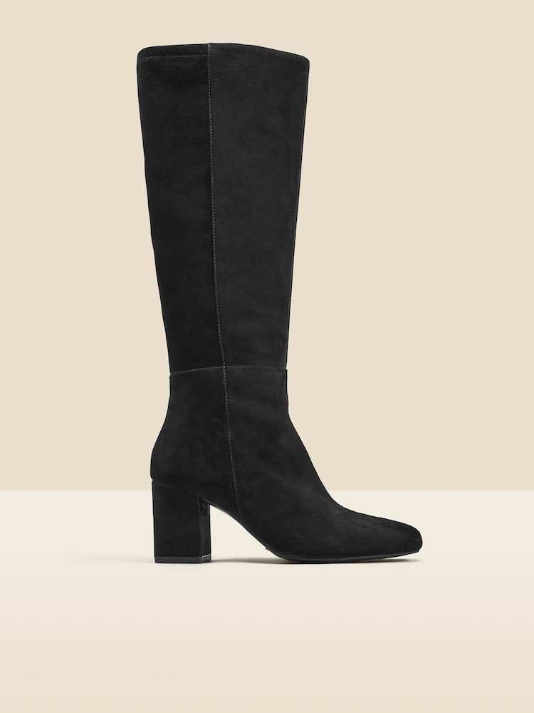Sosandar Black Stretch Suede Low Block Heel Knee High Boots - Image 1 of 3