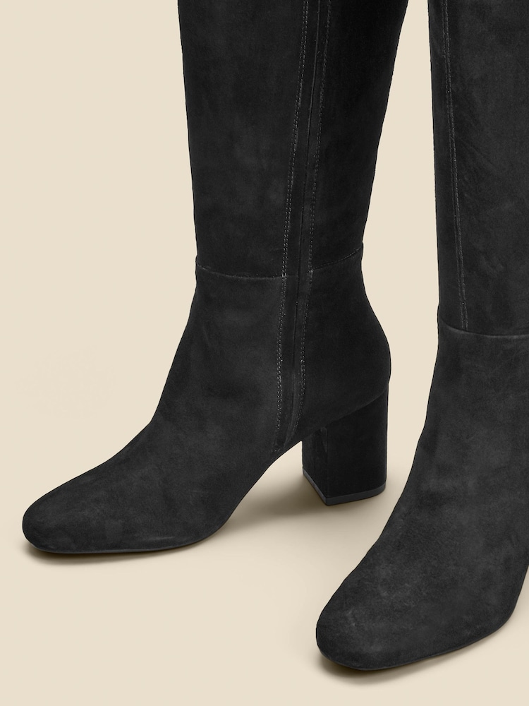 Sosandar Black Stretch Suede Low Block Heel Knee High Boots - Image 3 of 3