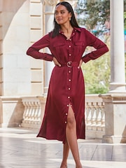 Sosandar Red Satin Utility Shirt Dress - Image 1 of 3