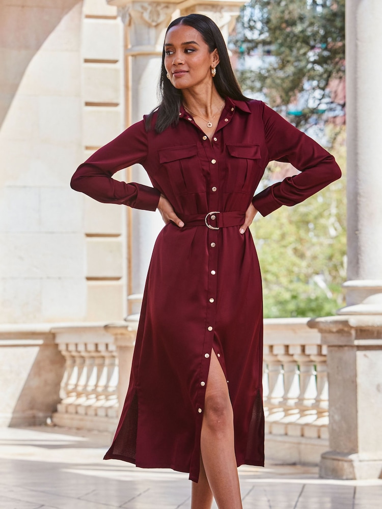Sosandar Red Satin Utility Shirt Dress - Image 1 of 3