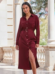 Sosandar Red Satin Utility Shirt Dress - Image 2 of 3