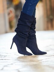 Sosandar Blue Suede Slouch Stiletto Heel Knee High Boots - Image 1 of 5