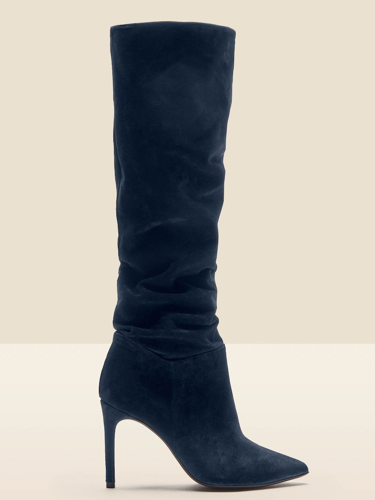 Sosandar Blue Suede Slouch Stiletto Heel Knee High Boots - Image 2 of 5