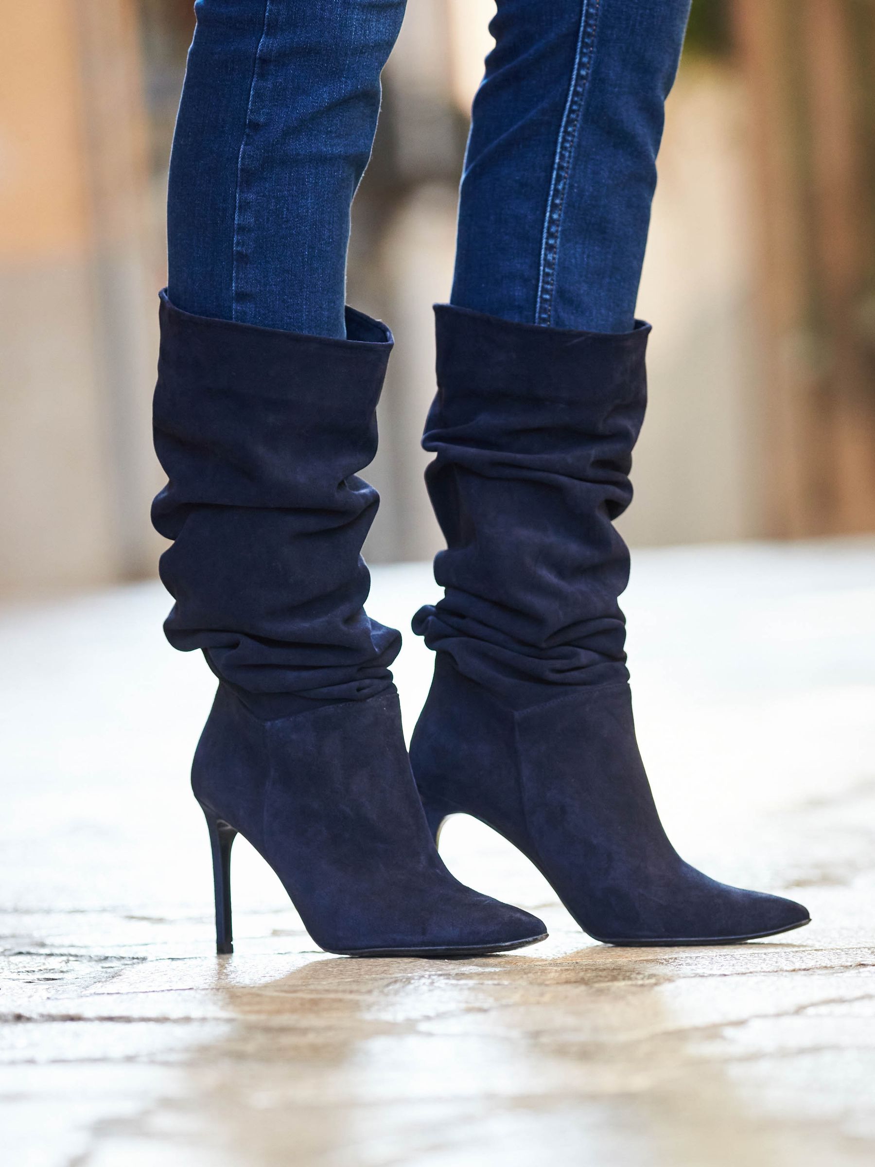 Buy Sosandar Blue Suede Slouch Stiletto Heel Knee High Boots from Next Luxembourg