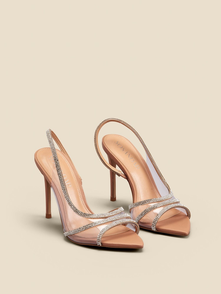 Sosandar Beige Diamante Perspex Panel Pointed Toe Slingback Sandals - Image 2 of 4