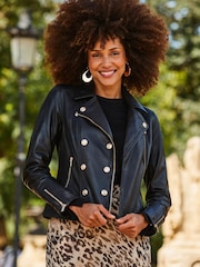 Sosandar Black Leather Button Detail Leather Jacket - Image 1 of 5
