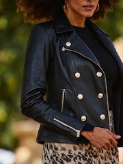 Sosandar Black Leather Button Detail Leather Jacket - Image 5 of 5