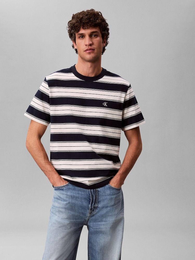 Calvin Klein Blue Cotton Stretch Stripe T-Shirt - Image 1 of 5