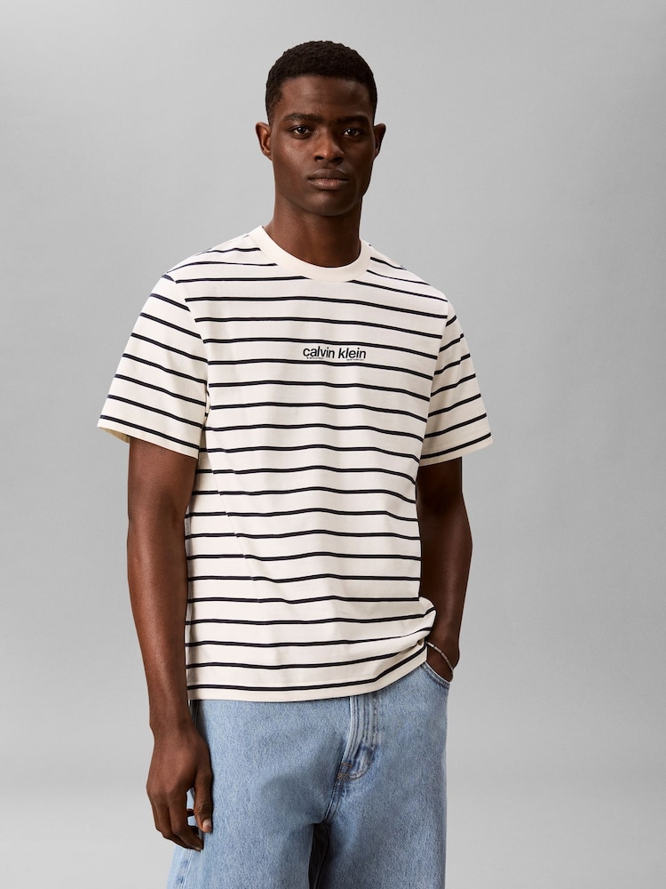 Calvin Klein Cream Relaxed Stripe Logo T-Shirt - Image 1 of 5