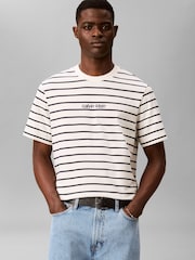Calvin Klein Cream Relaxed Stripe Logo T-Shirt - Image 3 of 5